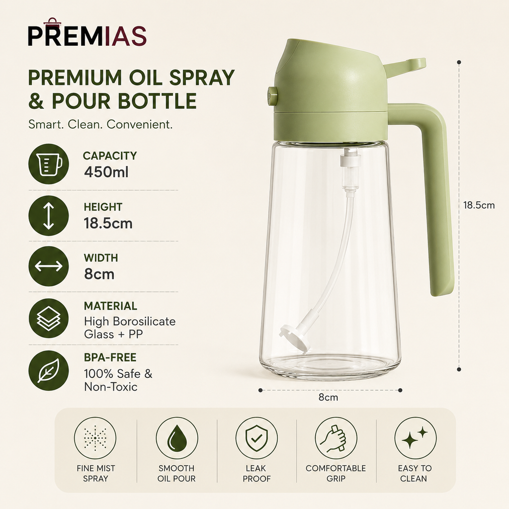 2-in-1 Premium Oil Spray Bottle – Spray & Pour Dispenser (450ml)