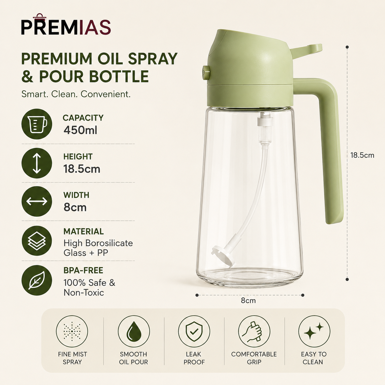 2-in-1 Premium Oil Spray Bottle – Spray & Pour Dispenser (450ml)
